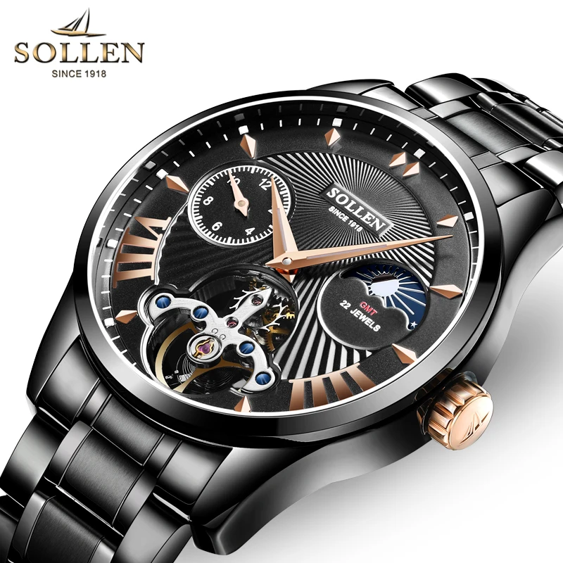 

SOLLEN Брендовые мужские часы автоматические механические часы Tourbillon спортивные часы повседневные деловые часы в ретро-стиле Relojes Hombre