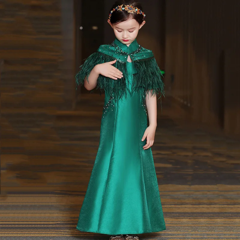 Королевское зеленое сатиновое платье с цветочным узором для девочек детское