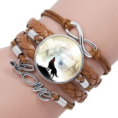 Retro Style Leather Bracelet Men Boho Glass Cabochon Moon Wolf Pattern Mens Bracelets 2019 Hand Jewelry | Украшения и аксессуары