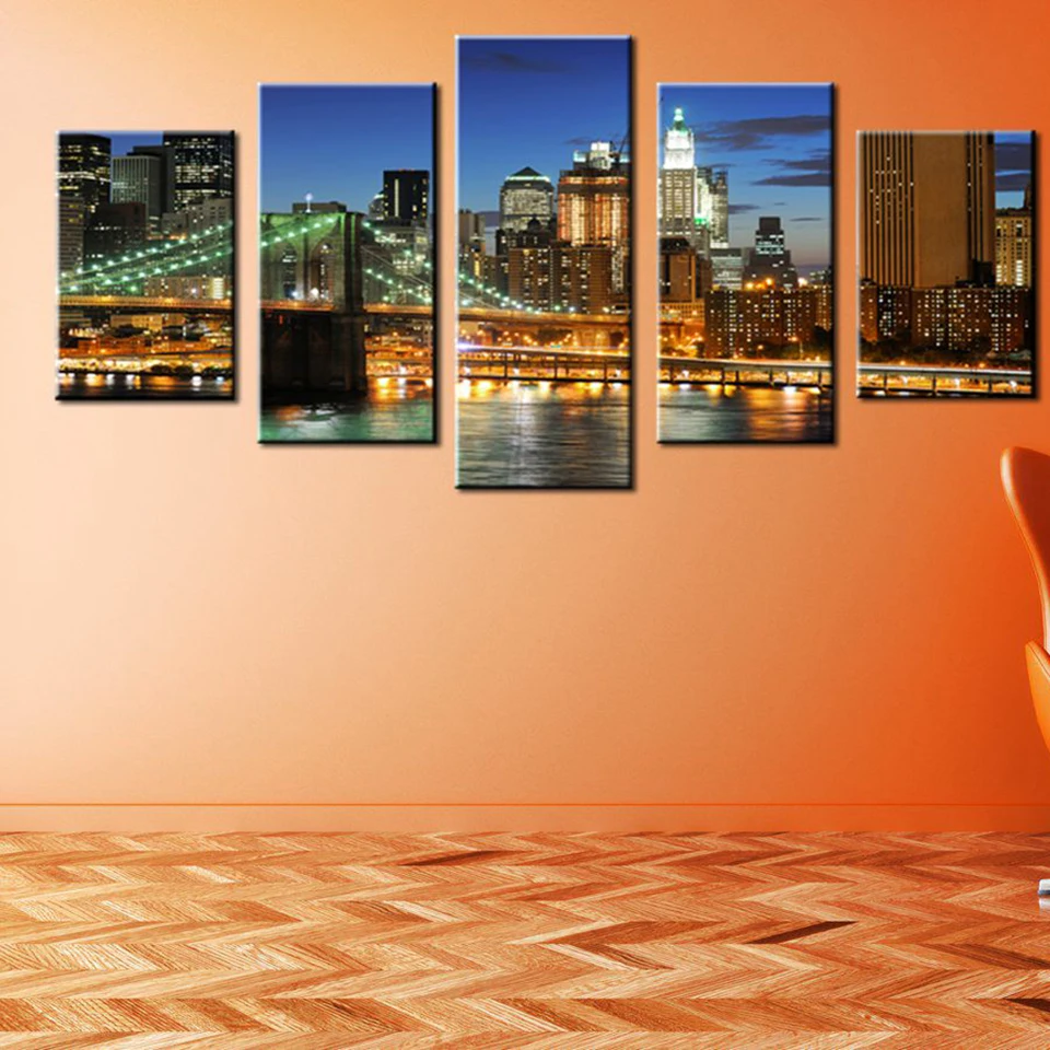 Настенная картина с рамкой HD Печатный холст 5 панелей Нью Йорк ночной плакат