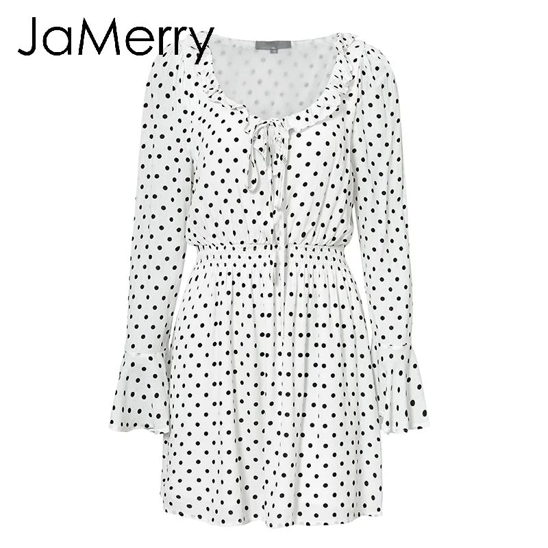 JaMerry Винтаж пикантные рюшами boho платья в горошек Для женщин летние длинные рукава