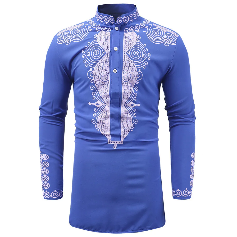 Blue Африканская рубашка Мужская модная печатная Футболка с коротким рукавом Повседневная рубашка Топ Блузка - Цвет: Blue