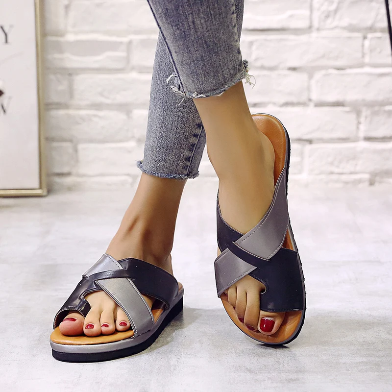 Rimocy fashion women silver slides 2019 summer beach casual slip on cross strap sandalias mujer flat heels platform slippers new |