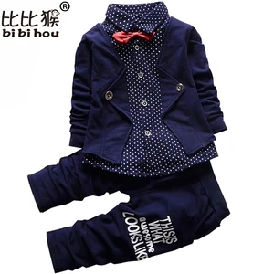 Детские тоньше Комплекты одежды; Сезон весна-осень; Спортивный костюм для маленьких джентльменов, с длинными рукавами, из хлопка, для маленьких мальчиков, костюмы для детей футболка и штаны, комплекты одежды