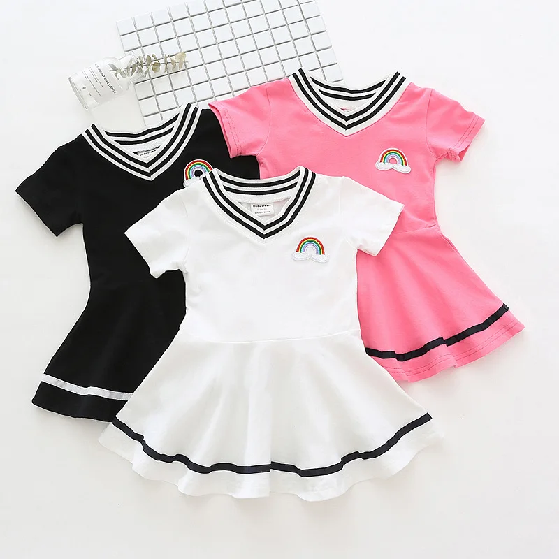 2018 summer new girls college wind ruffled cotton V-neck dress embroidered short sleeves | Детская одежда и обувь