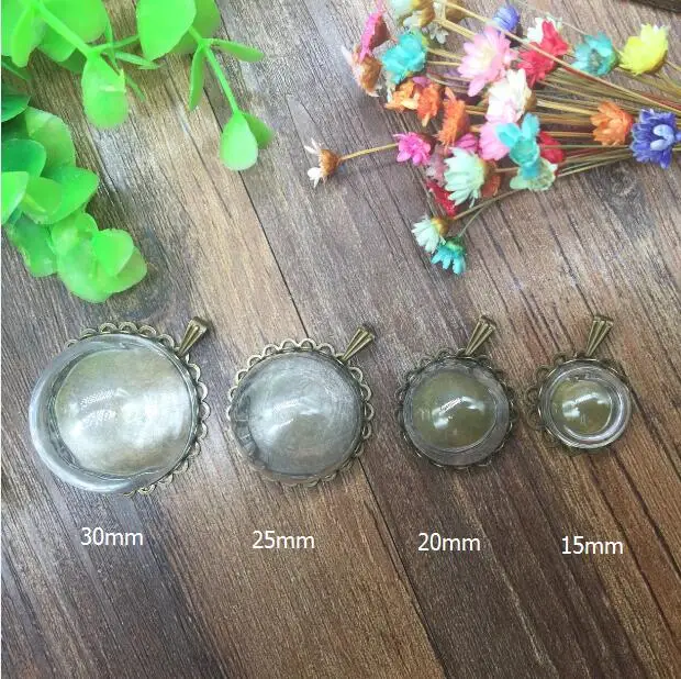 

10sets/lot 15/20/25/30mm glass vial pendants bronze filigree crown base diy finding double lace edge tray jewelry necklace set