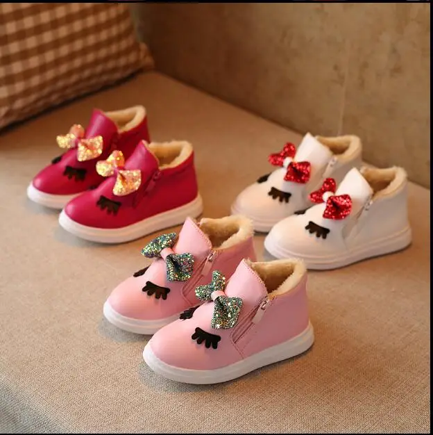 Розничная продажа новинка 2017 детские ботинки Зимние теплые плюшевые с бантом для