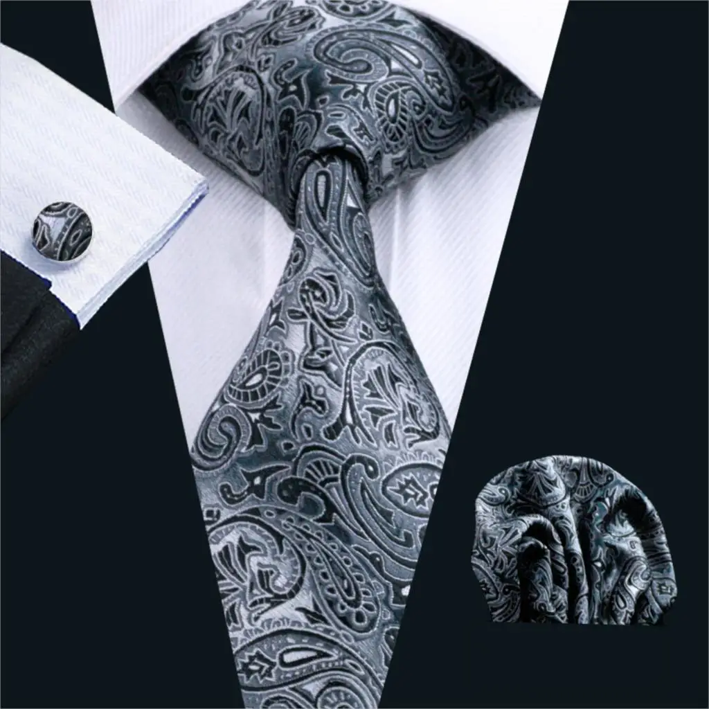 

FA-209 2018 New Fashion Mens Tie Gray Paisley Silk Jacquard Woven Gravata Necktie Hanky Cufflinks Set For Business Wedding Party