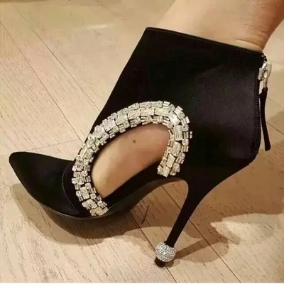 Hot Selling Black Suede Leather Pointed Toe Back Zipper Sandals Bling Crystal Embellished Hollow Out Shoes High Thin Heels