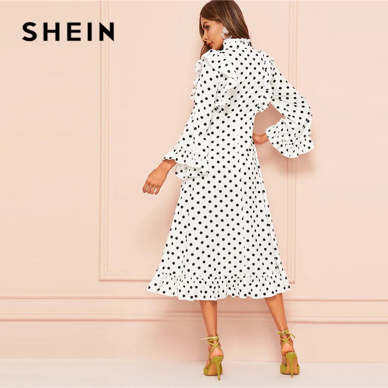 SHEIN Расклешенное Платье В Горошек Со Стоячим Воротником Женское Белое Осеннее Богемное Платье С Длинными Рукавами И Оборками