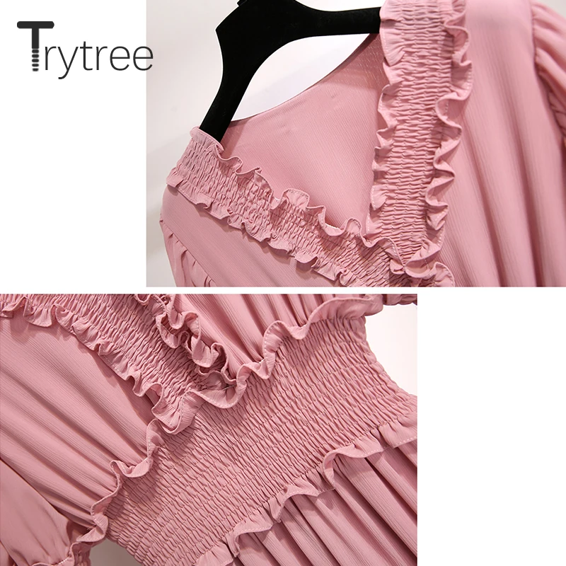 Trytree летнее осеннее Повседневное платье женское платье с оборками и v-образным вырезом с рукавом-бабочкой с эластичной талией однотонное ТРАПЕЦИЕВИДНОЕ ПЛАТЬЕ до середины икры