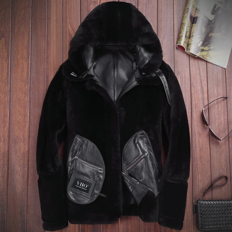 VHO натуральная кожа Авиатор Куртка с капюшоном овчина пальто для мужчин