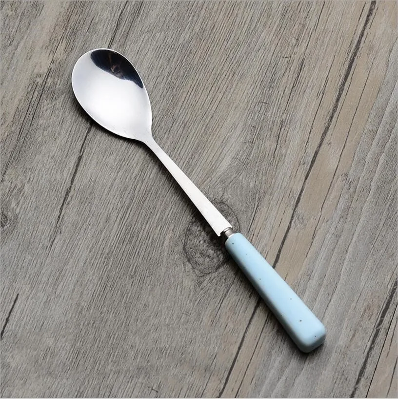 Blue spoon Нержавеющая сталь керамическая ручка чайная ложка для перемешивания десертная кофейная ложка Вилка мед Десерт Мороженое Совок посуда - Цвет: Blue spoon