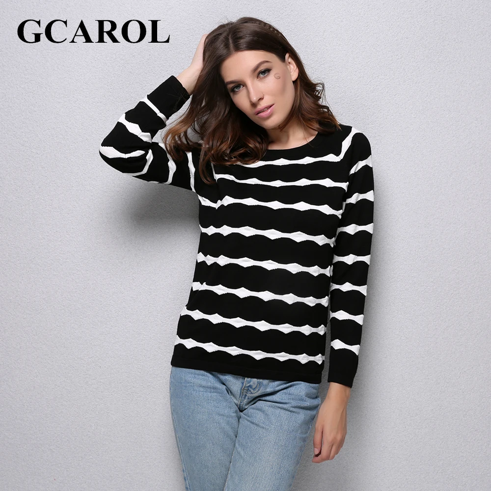 GCAROL Fall Winter New Wave White Striped Women Sweater High Quality Stretch Knitted Pullover Casual Basics Perfect Knit Tops | Женская