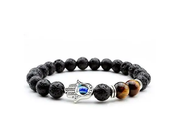 Natural Volcano Lava Stone Fatima Hand Bracelets for Men Amulet Eyes Charm Rock Jewelry Elastic Beads BB04 | Украшения и