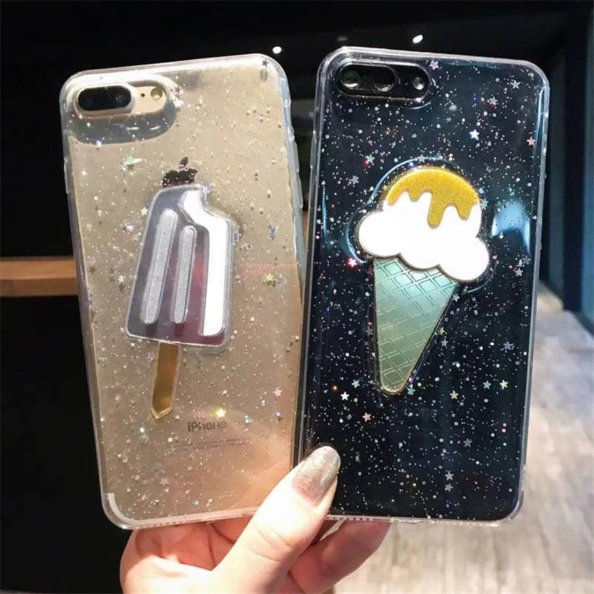 Luxury Glitter Ice Cream Phone Cases For iPhone 6 6S Plus Transparent Soft TPU Back Cover 7 8 X Coque Funda |
