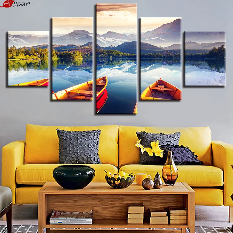 Canvas Wall Art Pictures Living Room Decor HD Printed 5 Pieces Mountain Lake And Boat Paintings Natural Landscape Poster Frame | Дом и сад