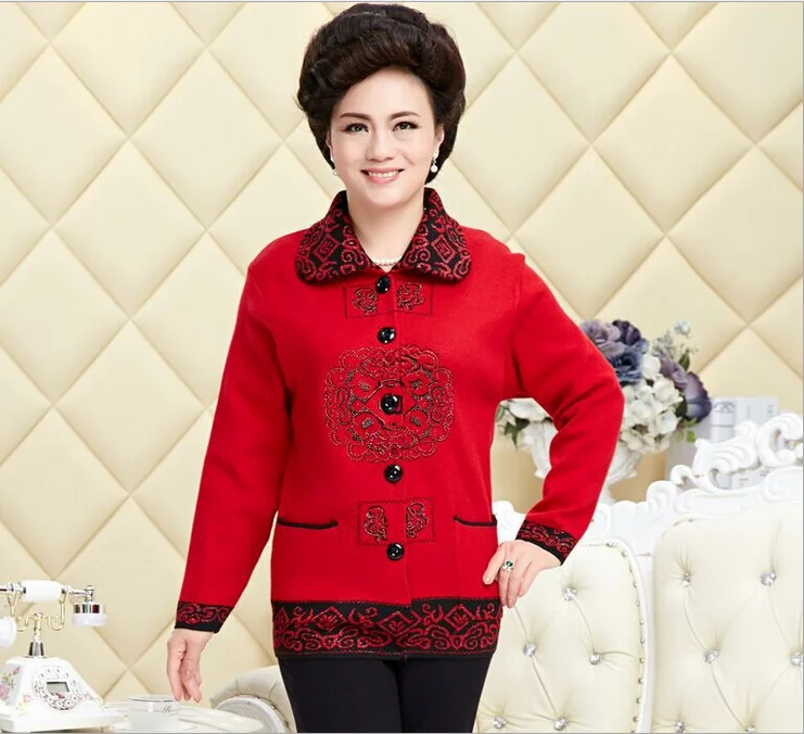 

Autumn Winter Women Knit Cardigan Sweater Print Grandma'S Sweater Coat Elasticity Loose 50-60 Year Old T301