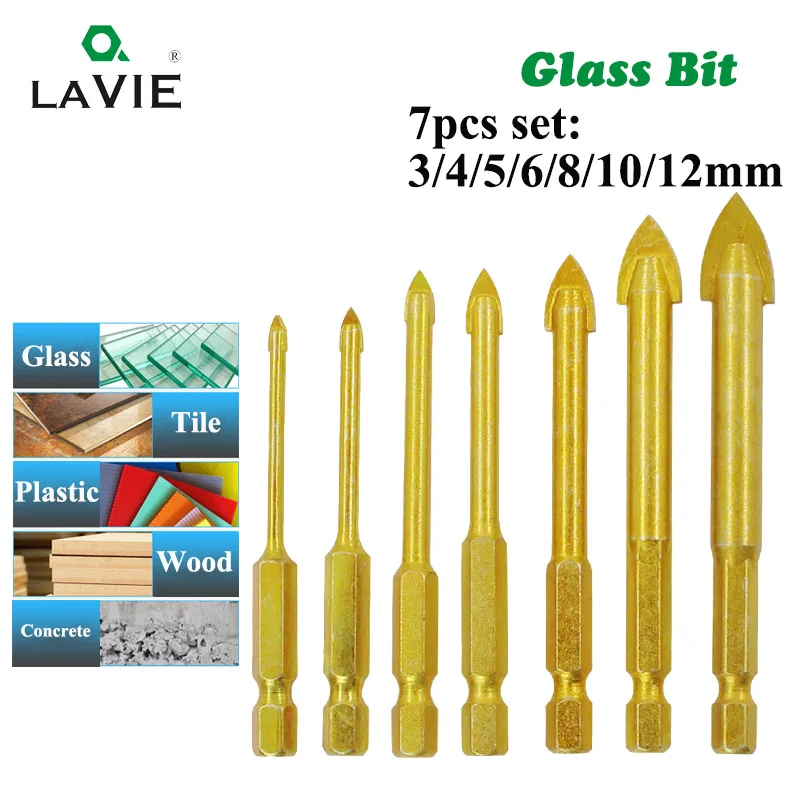 

7pcs 1/4" Hex Shank Glass Bits Titanium Coated Glass Drill Set 3 4 5 6 8 10 12mm Tile Concrete Flat Tip Hole Bit Drilling 02010