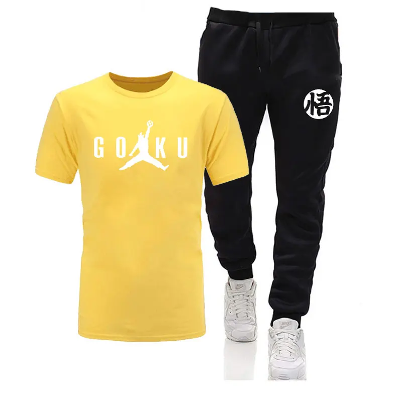 yellow black Лето, Dragon Ball Z, мужские футболки+ штаны, 2 предмета,, хлопок, удобная футболка с коротким рукавом, мужские повседневные топы и штаны - Цвет: yellow black