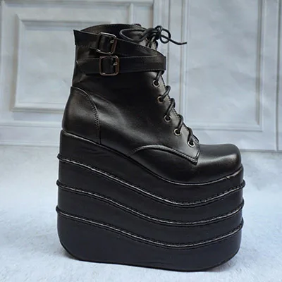 black 16cm Женские ботинки; цвет белый, черный; ботинки для костюмированной вечеринки; ботильоны из искусственной кожи на танкетке с квадратным носком; женская обувь на высоком каблуке 16 см - Цвет: black 16cm