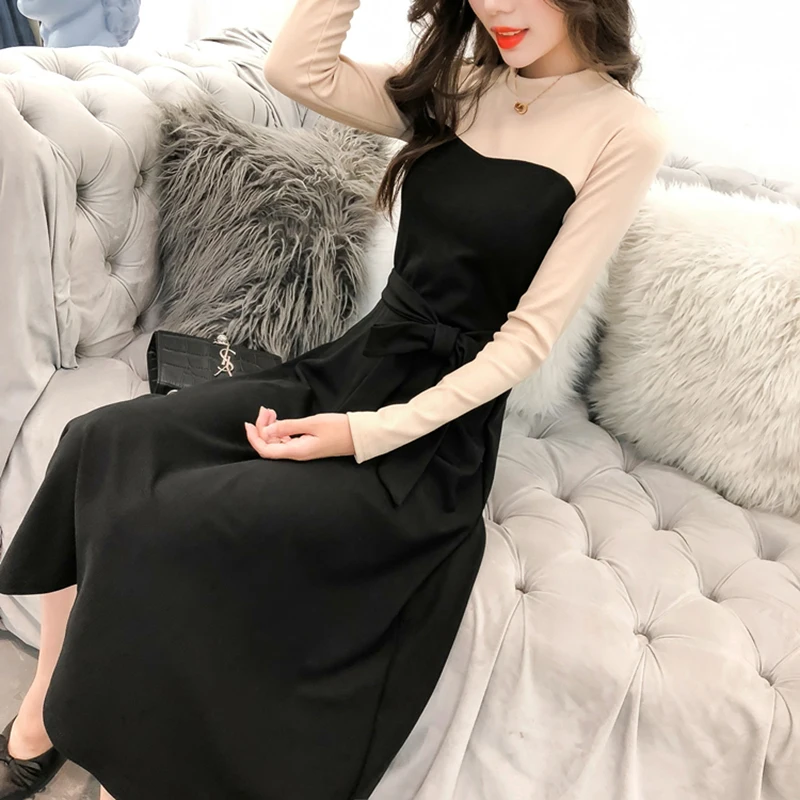 2019 осенне-зимние винтажные черные миди платья больших размеров корейские