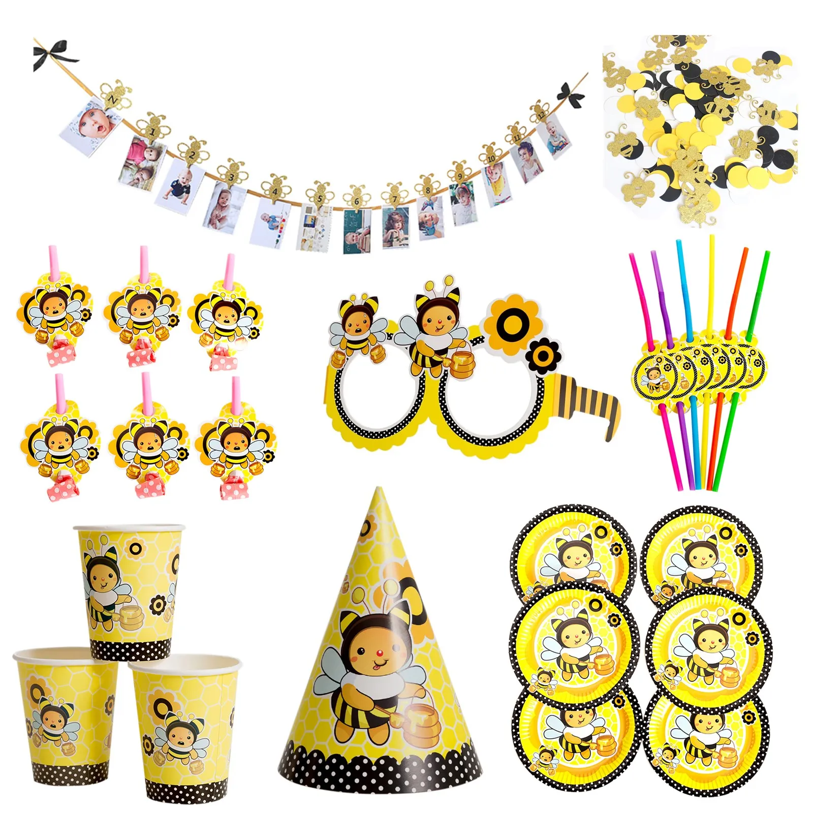 

6pcs/Set Cartoon Honey Bee Disposable Tableware Paper Banner Kids Birthday Party Supplies Hat Cups Plates Baby Shower Decoration