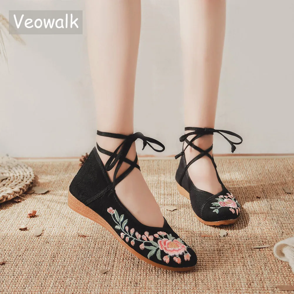 Женские балетки Veowalk в китайском стиле мягкие хлопковые туфли на плоской подошве