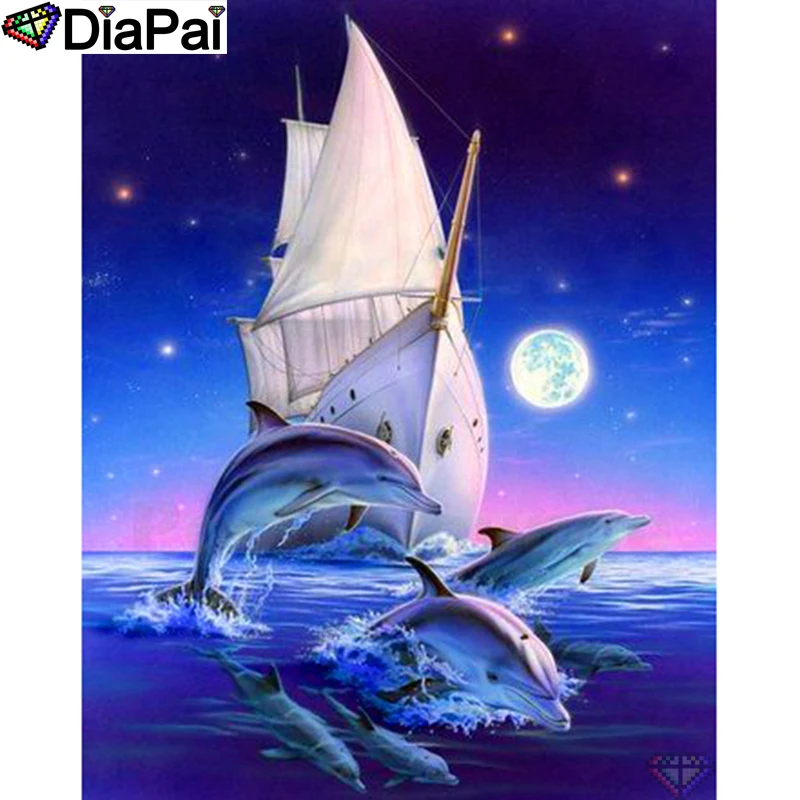 

DIAPAI 100% Full Square/Round Drill 5D DIY Diamond Painting "Boat dolphins moon" Diamond Embroidery Cross Stitch 3D Decor A19077