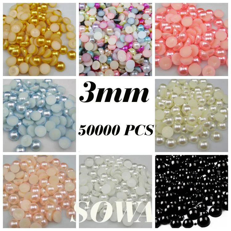 

Free Shipping Wholesale 50000Pcs White/Ivory/Black 3mm Craft ABS Resin Flat back Half Round imitaton pearl in Scrapbook Beads