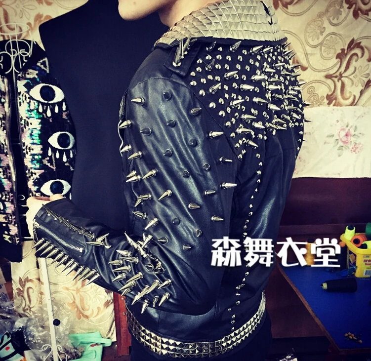 Мужской кожаный пиджак мотоциклетный костюм для ночных клубов певицы Dj Guests панк