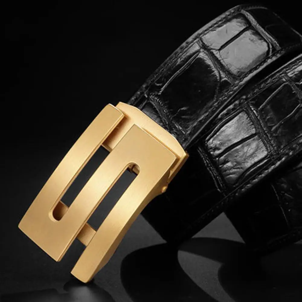 Black Gold Buckle FAJARINA Высокое качество крокодиловой кожи ремни изысканный нержавеющая сталь письмо гладкой пряжкой бизнес ремень для мужчин 33 мм широкий EYFJ01M - Цвет: Black Gold Buckle
