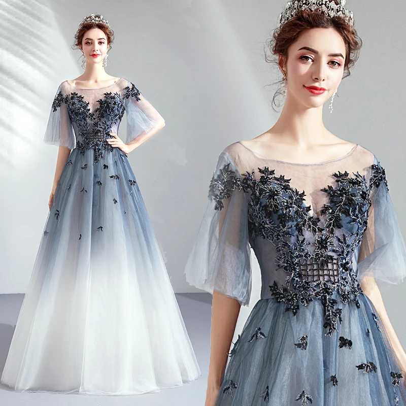 Женское вечернее платье SSYFashion синее формальное до пола с кружевной аппликацией и