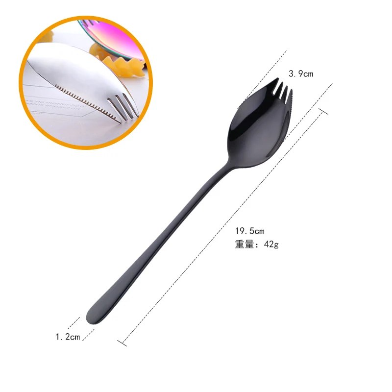 2 шт красочные 3 в 1 Sporks 304 из нержавеющей стали, дессертная вилка ложка для лапши салат утварь для фруктов Творческий кухонные столовые приборы - Цвет: black