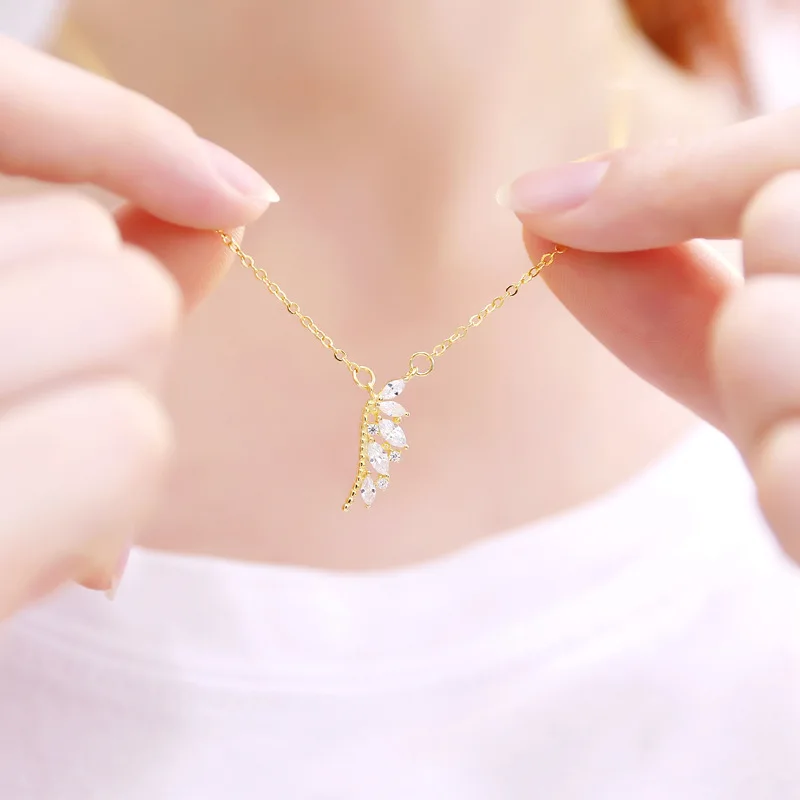 925 Sterling Silver Angel Wings Pendant Necklace Lucky Clear CZ Women Luxury Jewelry rose gold star necklace | Украшения и