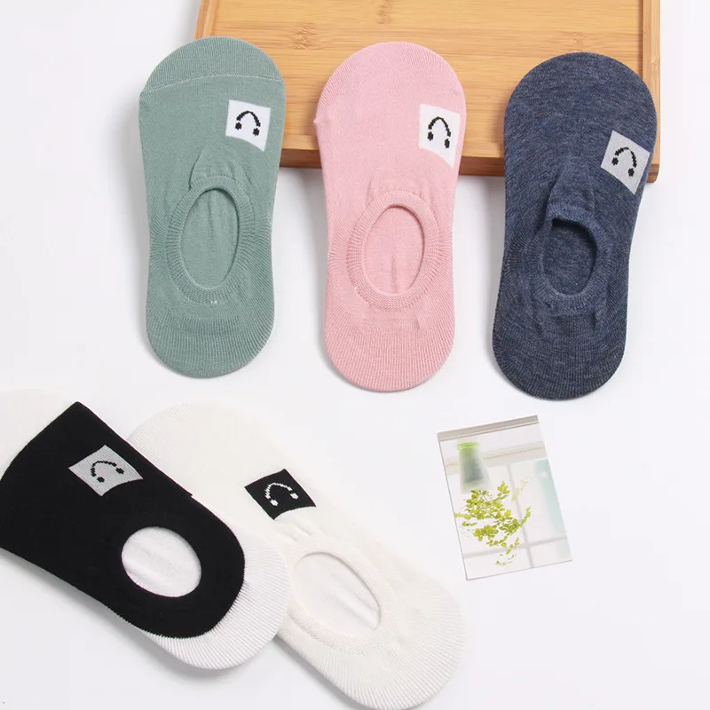 Летние Для женщин Невидимые носки-лодочки Хлопок смайлик для девочек Однотонные