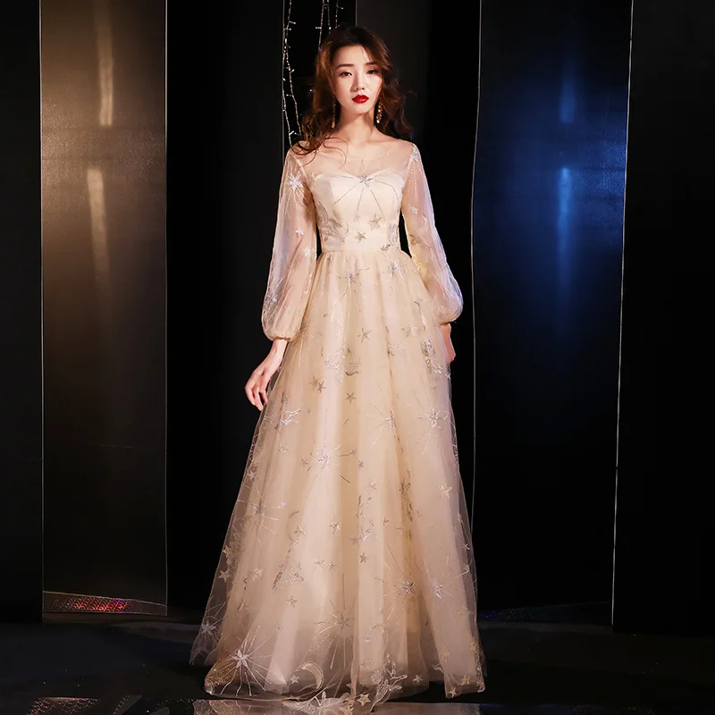 Длинное длинное платье цвета шампанского азиатское Vestidos Чино восточное Qipao
