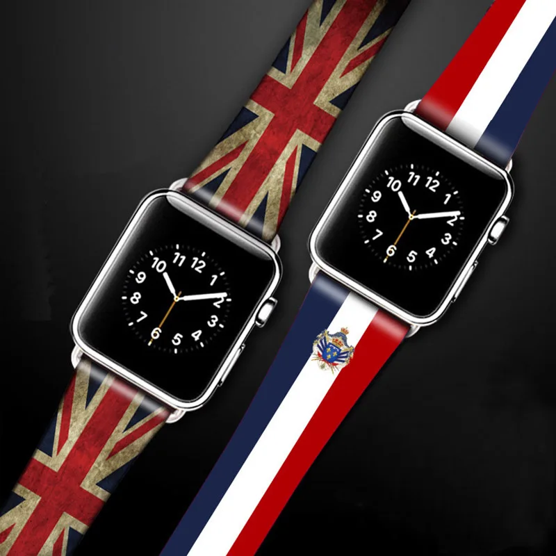

Для Apple Watch Series 7 6 5 4 3 45 мм 41 мм 40 44 мм ремешок из натуральной кожи стиль флага ремешок для часов iWatch ремешок Ремешки для часов