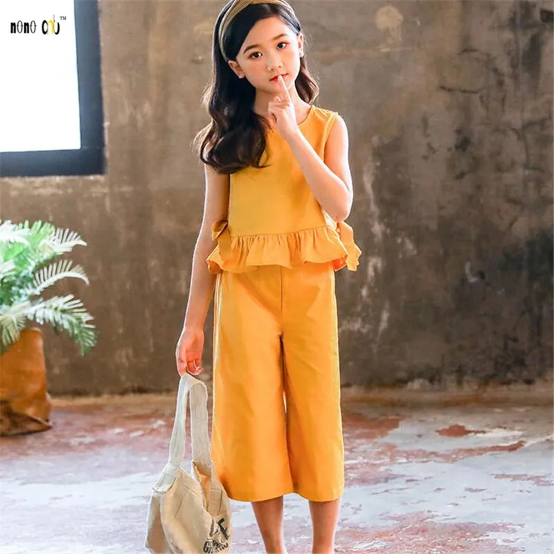 Yellow Комплект одежды для девочек-подростков из 2 предметов: Топ и широкие штаны Повседневная летняя детская одежда для девочек 4, 5, 6, 7, 8, 9, 10, 11, 12 лет - Цвет: Yellow