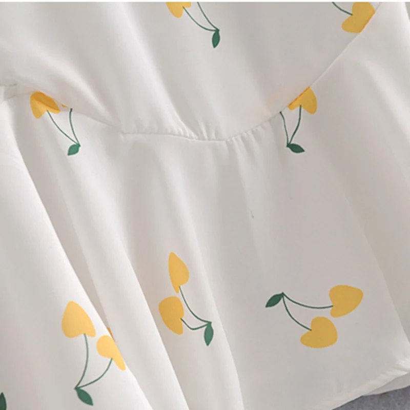 PERHAPS U cherry print white bow square collar empire puff sleeve short a line mermaid mini dress small fresh D1023 | Женская одежда