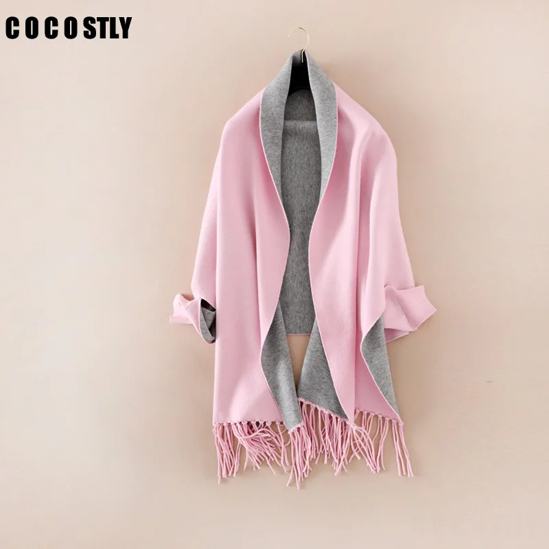 

2022 Winter Women's Elegant Socialite Cashmere Tassel Cardigan Sweaters Batwing Sleeve Scarf Cape Outwear Poncho