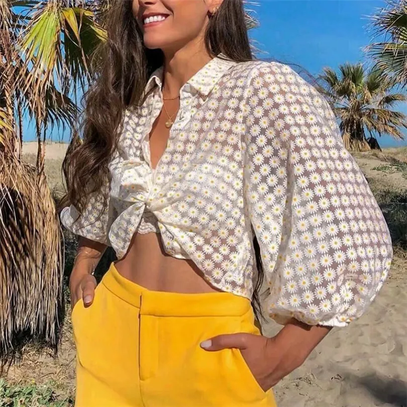 

Women sweet floral print crop top three quarter puff sleeve turn down collar transparent female 2019 causal blouse