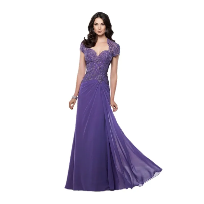 Hot Sale Vintage Plus Size Chiffon Mother of the Bride Dresses Purple Short Sleeve Sweetheart Women Evening Long Dress | Свадьбы и