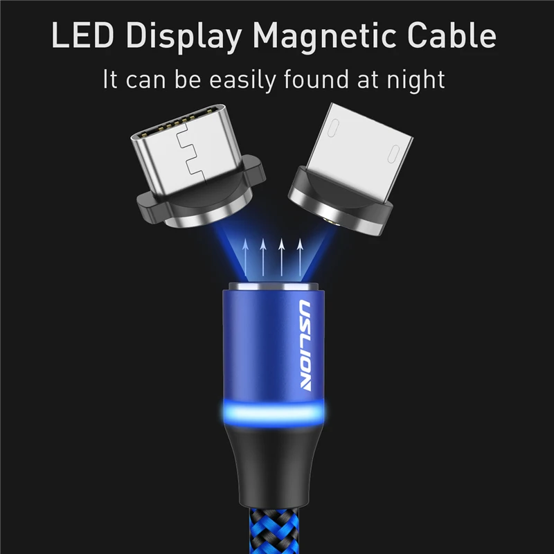 USLION светодиодный магнитный usb-кабель для samsung Xiaomi для iPhone XS X, магнитный штекер и кабель USB type C и кабель Micro usb для быстрой зарядки