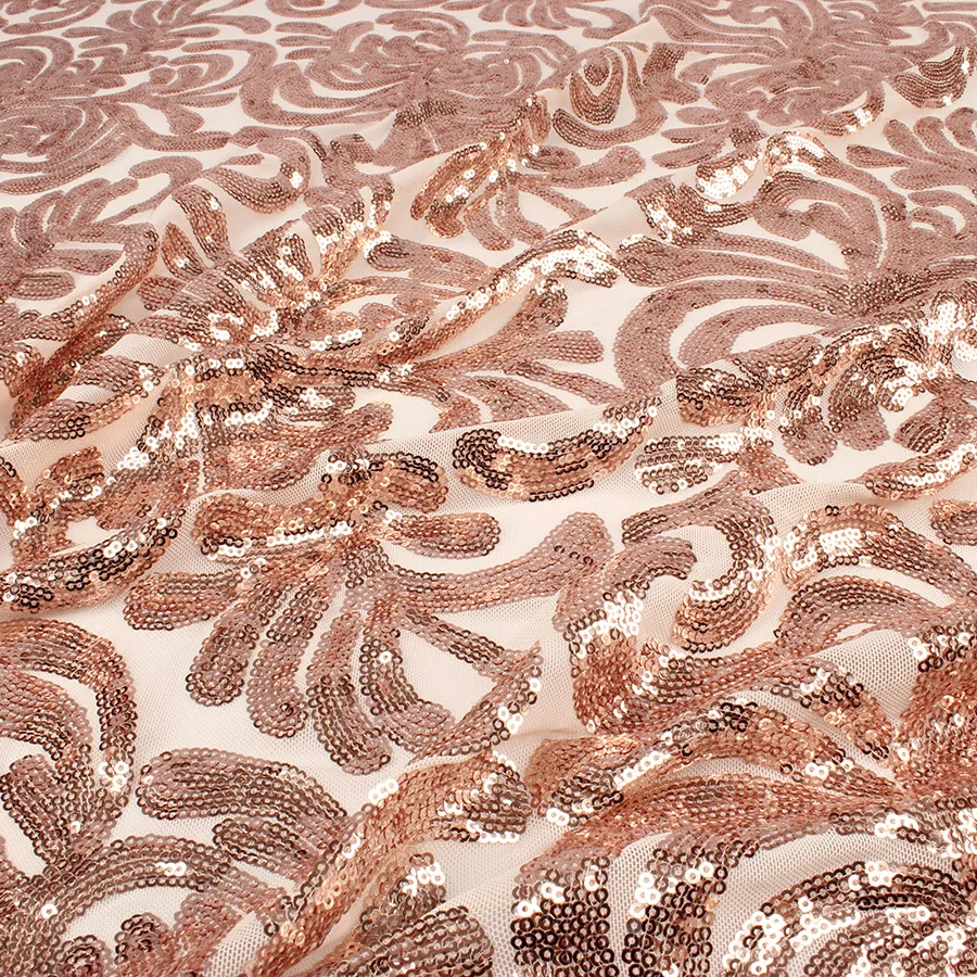 Блестящая эластичная кружевная ткань цвета розового золота с блестками и