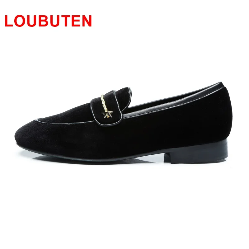 LOUBUTEN Black Velvet Loafers Italian Slip-on Men Dress Shoes Handmade Round Toe Smoking Slippers Men's Party And Prom | Обувь
