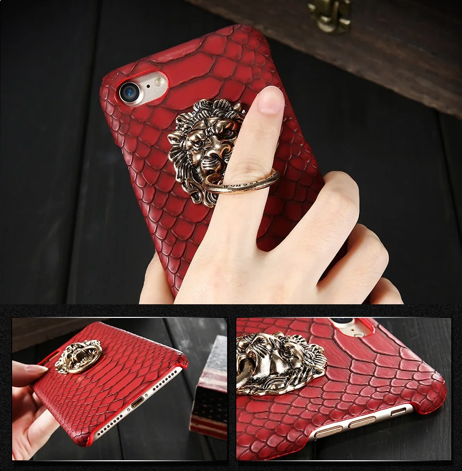 Hard Case with Metal Retro Lion Ring Holder for Iphone X 8 10 5 5s SE 6 6s 7 Plus Snake Leather Print PC Cover Stand Phone Coque |