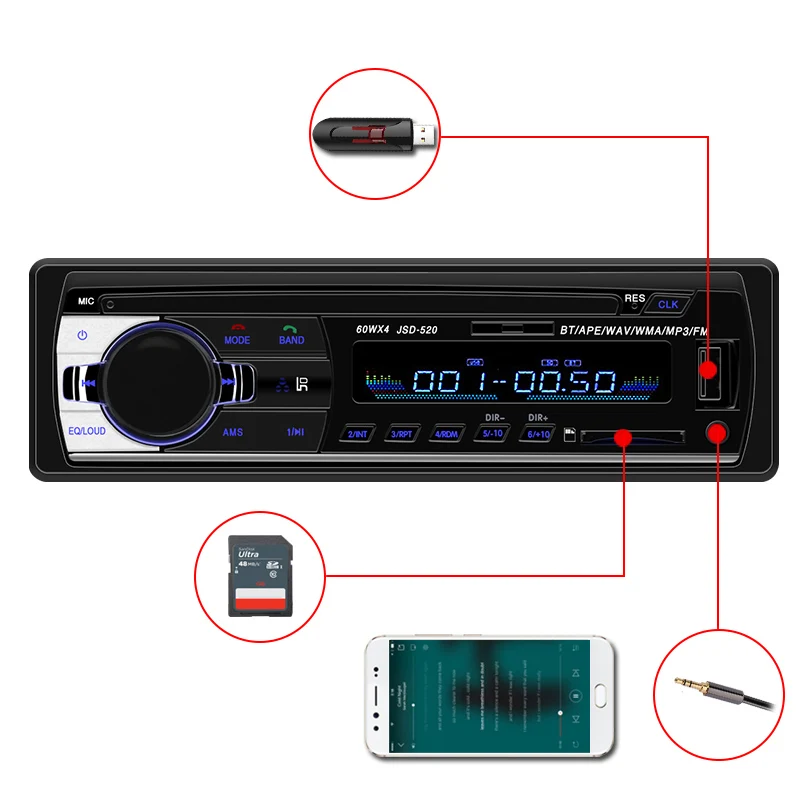 Авторадио 1 din автомобиль estereo para carro автомобильное радио bluetooth jsd 520 oto teypleri aux в usb