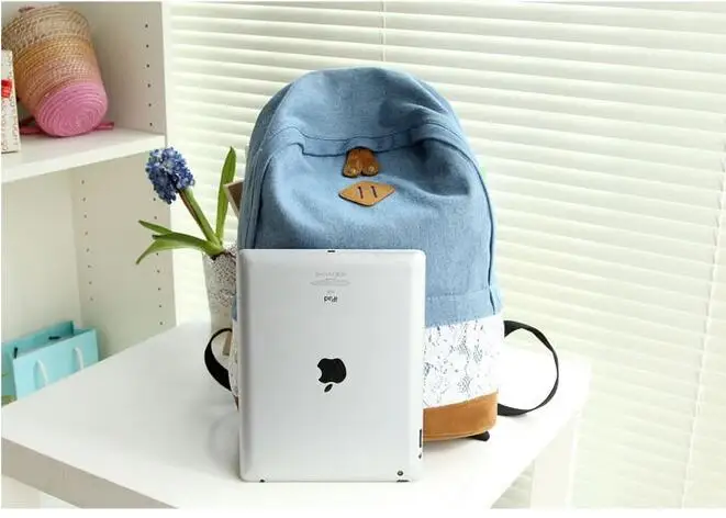1 piece Floral Lace +Denim Canvas Women Bag Backpack School bag For Teenagers Ladies Girl Back Pack Schoolbag Bagpack Mochila | Багаж и