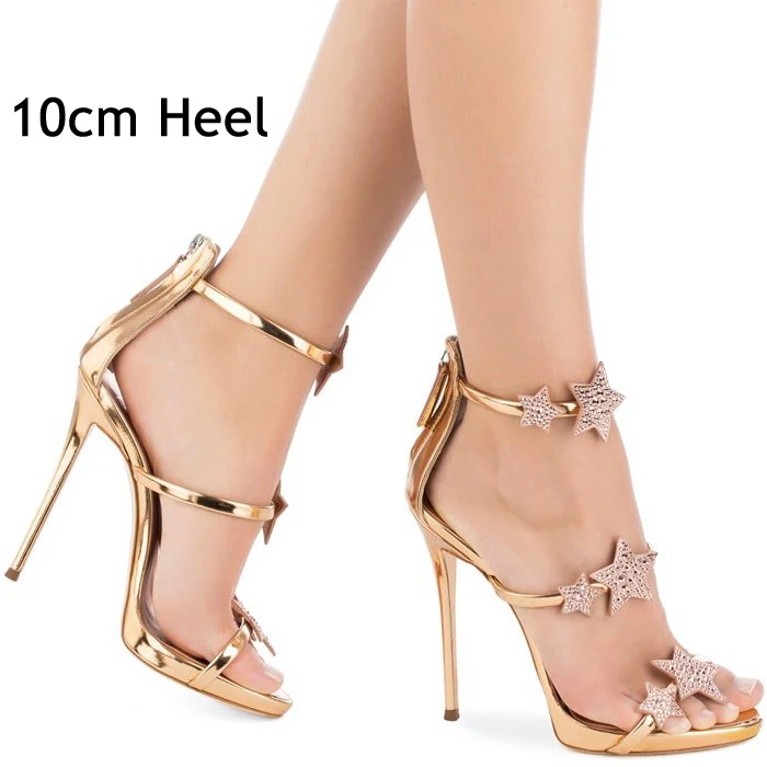 Gold 10cm Heels Роскошные брендовые дизайнерские босоножки со звездами; женские лакированные босоножки на высоком металлическом каблуке; коллекция года; Летняя обувь со стразами; женские босоножки с ремешком на лодыжке - Цвет: Gold 10cm Heels